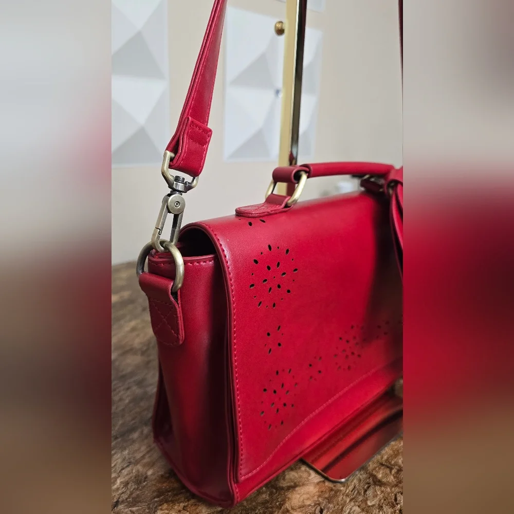 Walsa Red Bow Crossbody Satchel Bag Floral Cutout Top Handle Purse